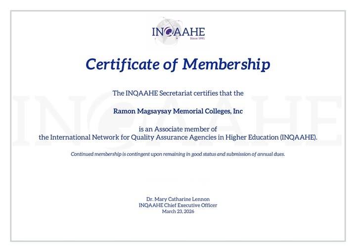 RAMON MAGSAYSAY MEMORIAL COLLEGES EARNS INQAAHE CERTIFICATION, BOOSTING GLOBAL QUALITY ASSURANCE RECOGNITION